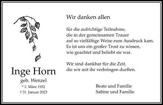 Traueranzeige von Inge Horn von Bad Vilbel/Karben