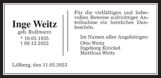 Traueranzeige von Inge Weitz von Kreis-Anzeiger