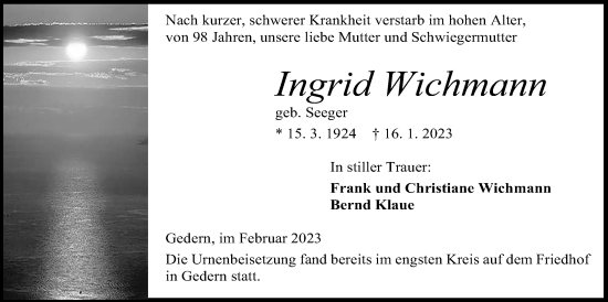 Traueranzeige von Ingrid Wichmann von Kreis-Anzeiger