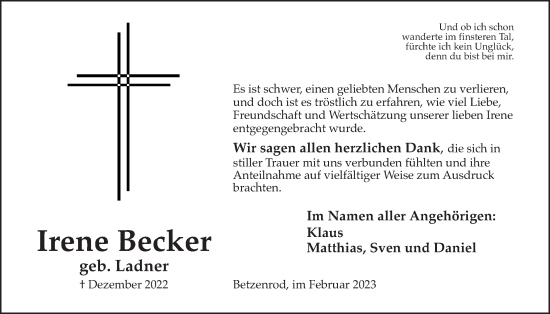 Traueranzeige von Irene Becker von Kreis-Anzeiger