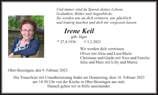 Traueranzeige von Irene Keil von Licher Wochenblatt