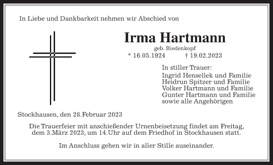 Traueranzeige von Irma Hartmann von Giessener Allgemeine, Alsfelder Allgemeine