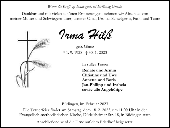 Traueranzeige von Irma Hilß von Kreis-Anzeiger