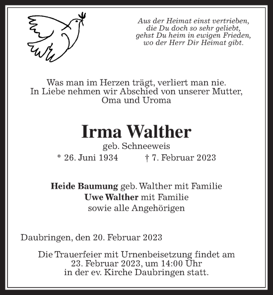 Traueranzeige von Irma Walther von Giessener Allgemeine, Alsfelder Allgemeine, Giessener Anzeiger