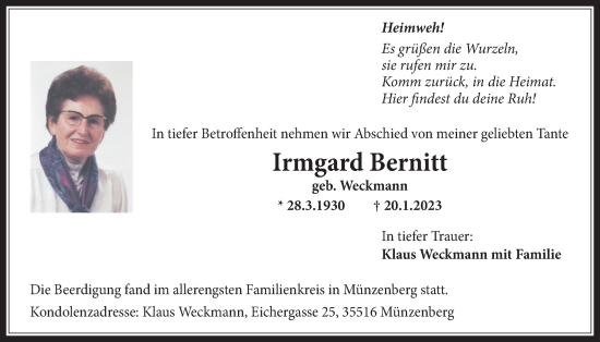 Traueranzeige von Irmgard Bernitt von Licher Wochenblatt