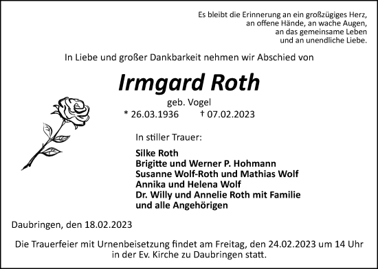 Traueranzeige von Irmgard Roth von Giessener Allgemeine, Alsfelder Allgemeine, Giessener Anzeiger, Giessener Allgemeine, Alsfelder Allgemeine, Giessener Anzeiger