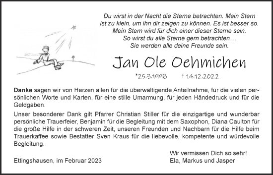 Traueranzeige von Jan Ole Oehmichen von Giessener Allgemeine, Alsfelder Allgemeine