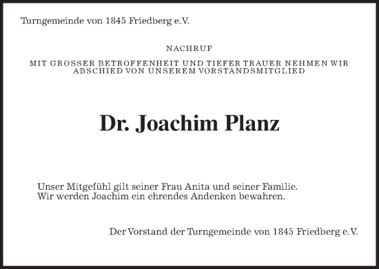 Traueranzeige von Joachim Planz von Wetterauer Zeitung