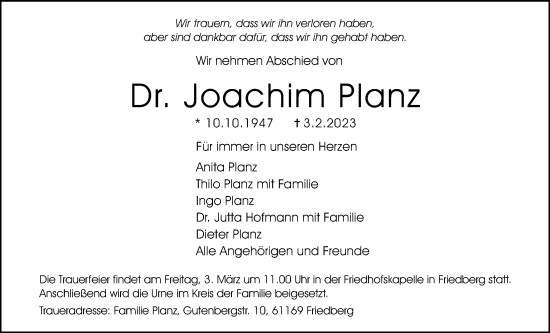 Traueranzeige von Joachim Planz von Wetterauer Zeitung