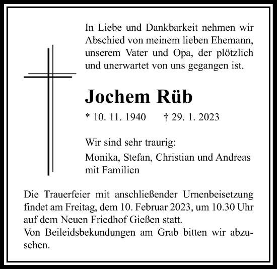 Traueranzeige von Jochem Rüb von Giessener Anzeiger, Giessener Allgemeine, Alsfelder Allgemeine