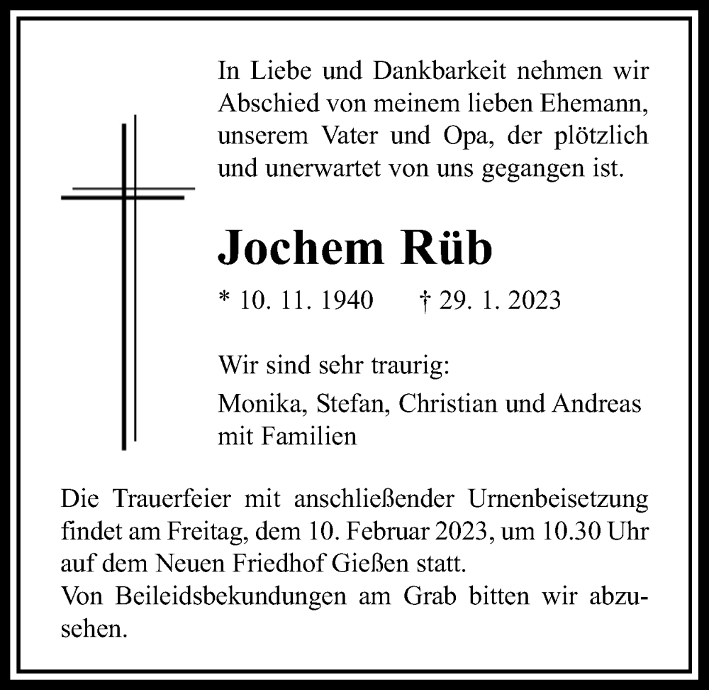  Traueranzeige für Jochem Rüb vom 07.02.2023 aus Giessener Anzeiger, Giessener Allgemeine, Alsfelder Allgemeine