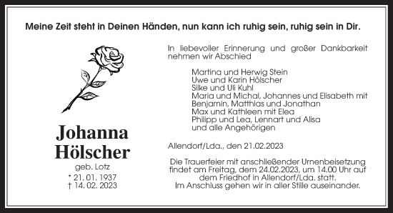 Traueranzeige von Johanna Hölscher von Giessener Allgemeine, Alsfelder Allgemeine