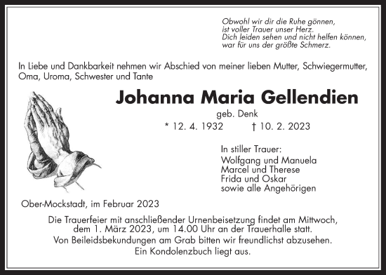 Traueranzeige von Johanna Maria Gellendien von Kreis-Anzeiger