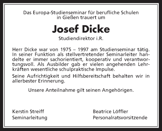 Traueranzeige von Josef Dicke von Giessener Allgemeine, Alsfelder Allgemeine