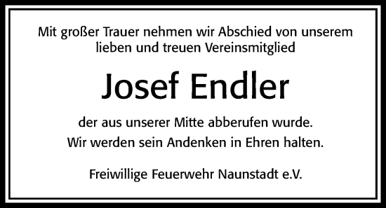 Traueranzeige von Josef Endler von Usinger Anzeiger