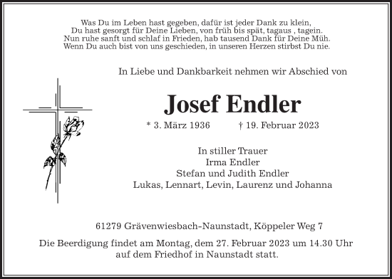 Traueranzeige von Josef Endler von Usinger Anzeiger