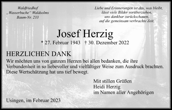 Traueranzeige von Josef Herzig von Usinger Anzeiger