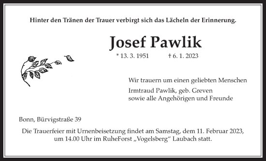 Traueranzeige von Josef Pawlik von Giessener Allgemeine, Alsfelder Allgemeine