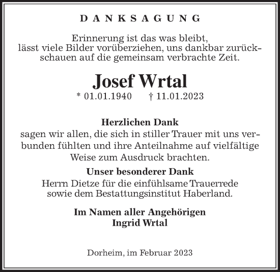 Traueranzeige von Josef Wrtal von Wetterauer Zeitung