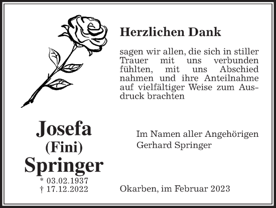 Traueranzeige von Josefa Springer von Bad Vilbel/Karben, Wetterauer Zeitung, Wetterauer Zeitung