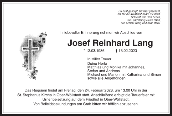 Traueranzeige von Josef Reinhard Lang von Wetterauer Zeitung, Wetterauer Zeitung
