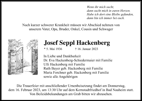 Traueranzeige von Josef Seppl Hackenberg von Wetterauer Zeitung