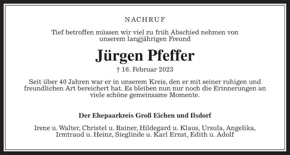  Traueranzeige für Jürgen Pfeffer vom 23.02.2023 aus Mücker Stimme