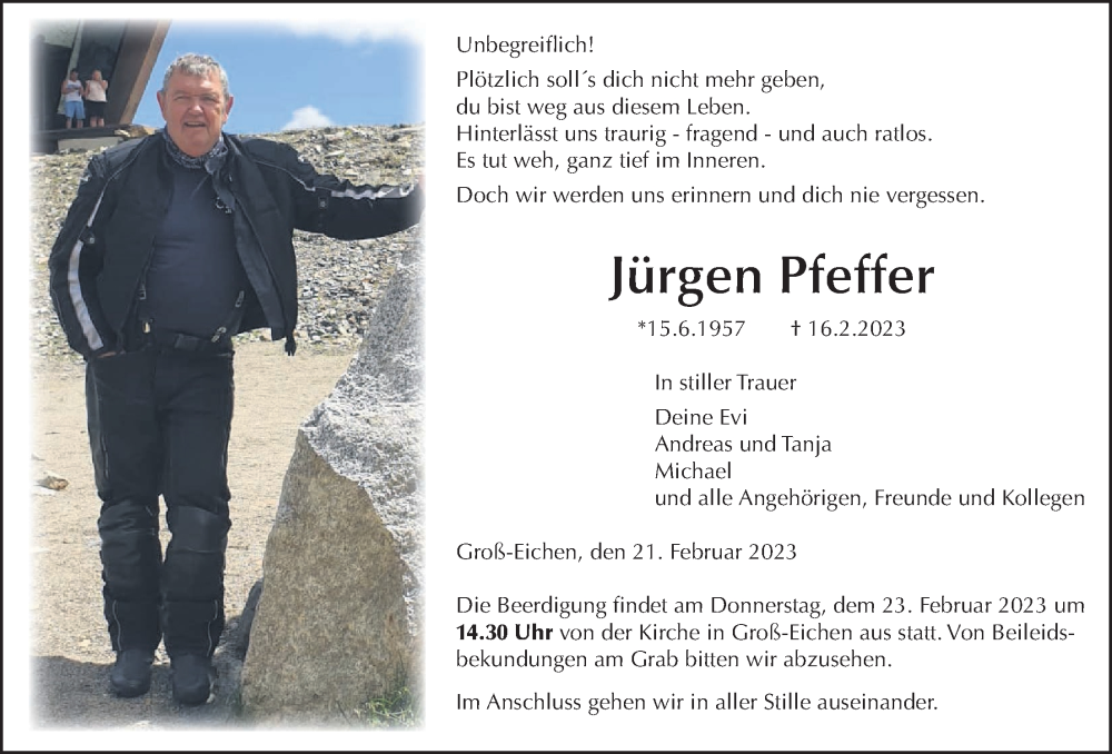  Traueranzeige für Jürgen Pfeffer vom 21.02.2023 aus Giessener Allgemeine, Alsfelder Allgemeine