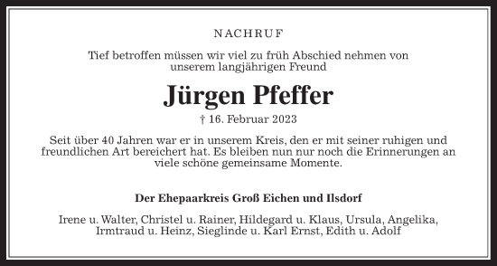 Traueranzeige von Jürgen Pfeffer von Mücker Stimme