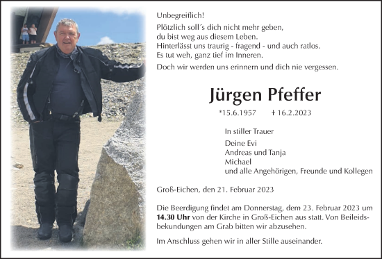 Traueranzeige von Jürgen Pfeffer von Giessener Allgemeine, Alsfelder Allgemeine