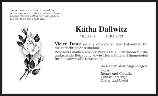 Traueranzeige von Kätha Dallwitz von Wetterauer Zeitung