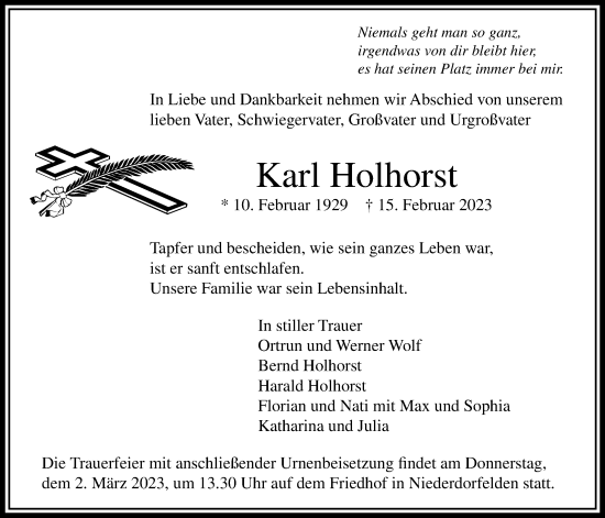 Traueranzeige von Karl Holhorst von Bad Vilbel/Karben