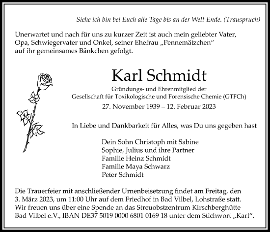 Traueranzeige von Karl Schmidt von Bad Vilbel/Karben