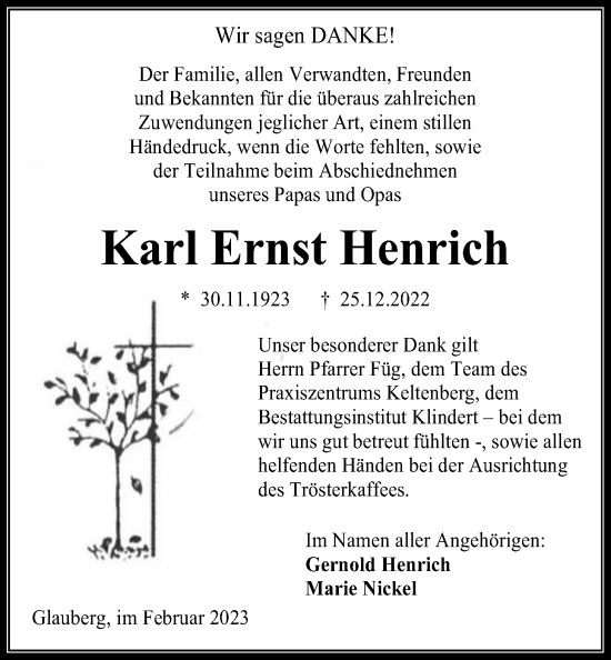 Traueranzeige von Karl Ernst Henrich von Kreis-Anzeiger