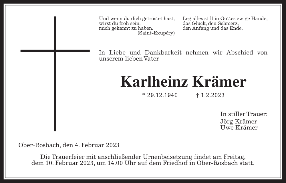 Anzeige von  Karlheinhz Krämer