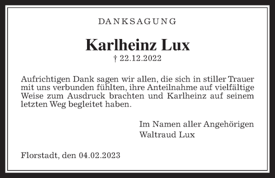 Traueranzeige von Karlheinz Lux von Wetterauer Zeitung