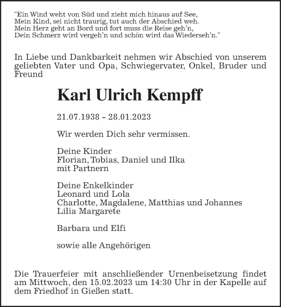 Traueranzeige von Karl Ulrich Kempff von Wetterauer Zeitung, Giessener Allgemeine, Alsfelder Allgemeine