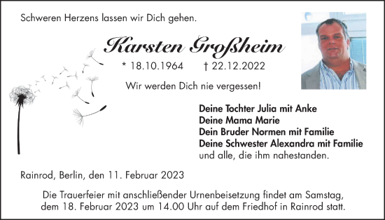 Traueranzeige von Karsten Großheim von Kreis-Anzeiger