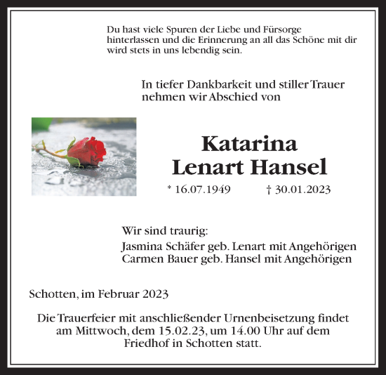 Traueranzeige von Katarina Lenart Hansel von Kreis-Anzeiger