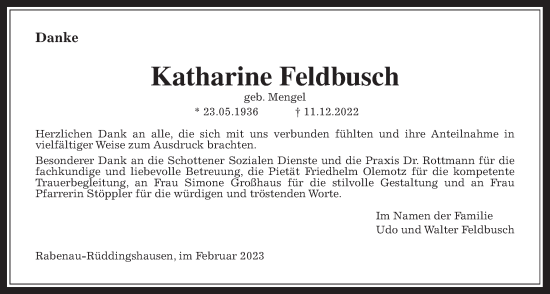 Traueranzeige von Katharine Feldbusch von Rabenauer Zeitung