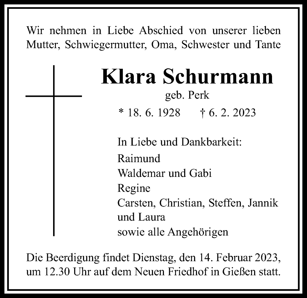  Traueranzeige für Klara Schurmann vom 08.02.2023 aus Giessener Allgemeine, Alsfelder Allgemeine