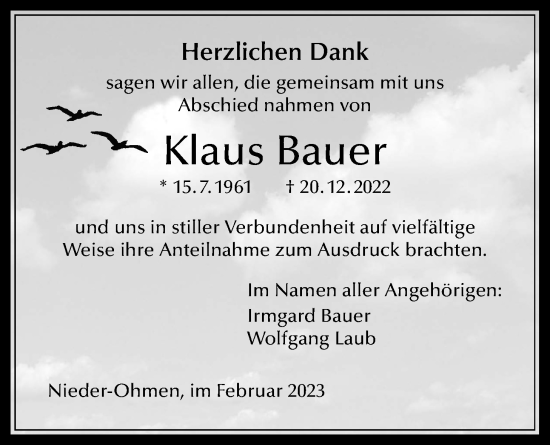 Traueranzeige von Klaus Bauer von Mücker Stimme, Alsfelder Allgemeine