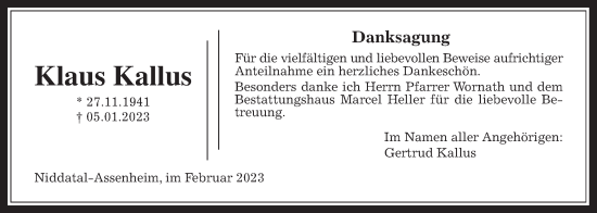 Traueranzeige von Klaus Kallus von Wetterauer Zeitung