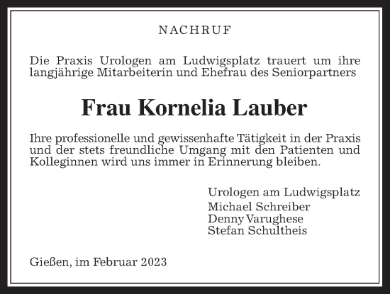 Traueranzeige von Kornelia Lauber von Giessener Anzeiger