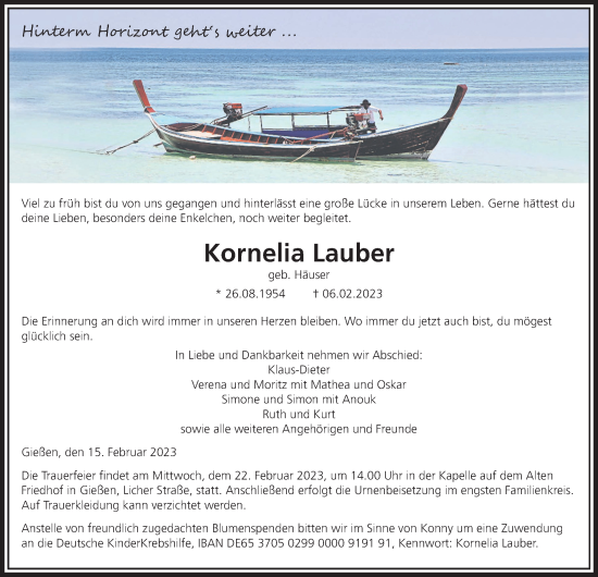Traueranzeige von Kornelia Lauber von Giessener Allgemeine, Alsfelder Allgemeine, Giessener Anzeiger