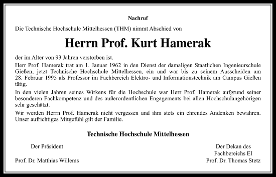 Traueranzeige von Kurt Hamerak von Giessener Allgemeine, Alsfelder Allgemeine, Giessener Allgemeine, Alsfelder Allgemeine