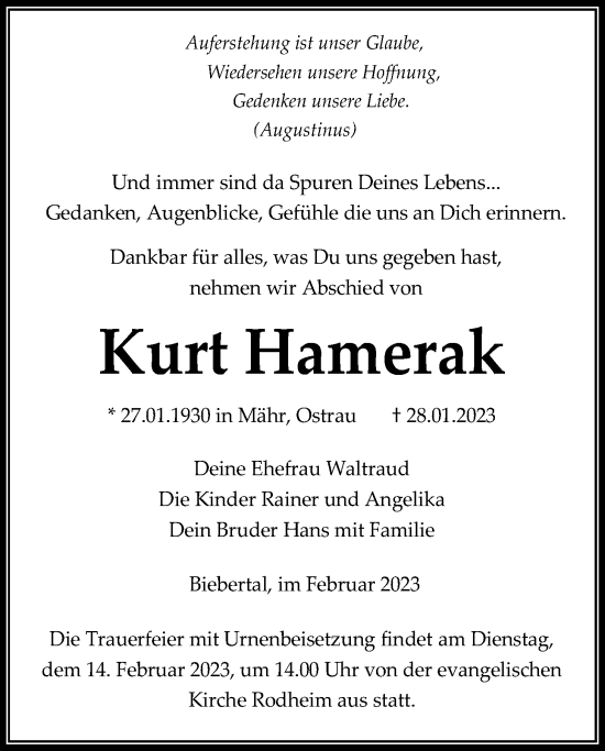 Traueranzeige von Kurt Hamerak von Giessener Allgemeine, Alsfelder Allgemeine