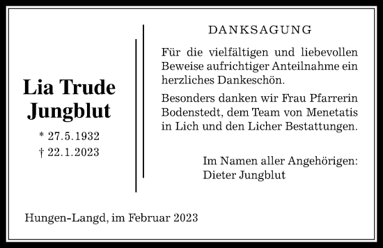 Traueranzeige von Lia Trude Jungblut von Licher Wochenblatt