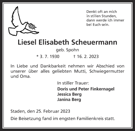 Traueranzeige von Liesel Elisabeth Scheuermann von Wetterauer Zeitung