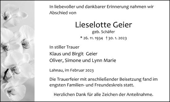 Traueranzeige von Lieselotte Geier von Giessener Allgemeine, Alsfelder Allgemeine, Giessener Allgemeine, Alsfelder Allgemeine